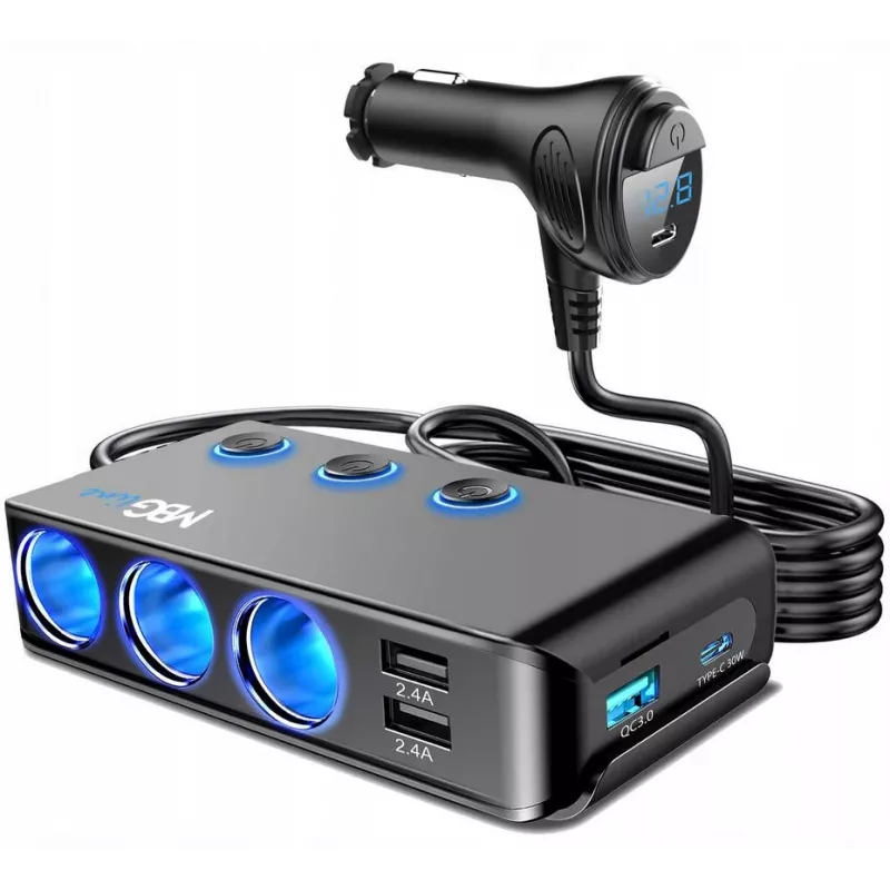 MBG Line HC67C Divu cigarešu šķiltavu ligzdu sadalītājs ar 3 USB-A portiem, 120W, melns