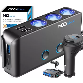 MBG Line HC67C Divu cigarešu šķiltavu ligzdu sadalītājs ar 3 USB-A portiem, 120W, melns