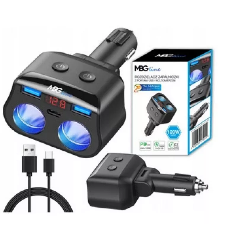 MBG Line HC69PD 3-Way Cigarette Lighter Splitter with 2x USB-C PD 30W and 2x USB-A QC 3.0, LED Voltage Display, 180W