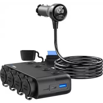 MBG Line HS75AD Auto cigarešu šķiltavas sadalītājs ar 2 ligzdām un 3 USB portiem, 75cm kabelis, melns
