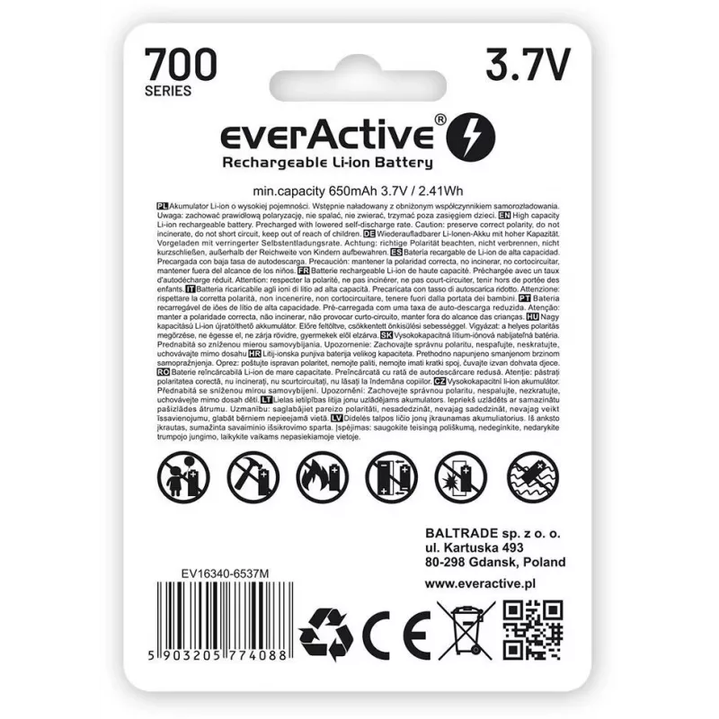 EVERACTIVE 16340 3.7V 700mAh uzlādējams litija-jonu akumulators ar aizsardzības ķēdi (1 gab.)