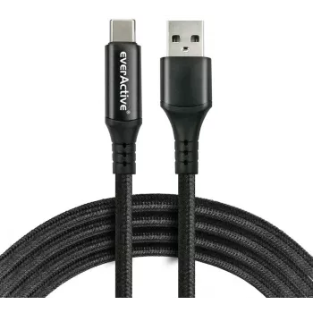EVERACTIVE USB-A uz USB-C kabelis ar LCD displeju, 2m, 3A, 60W PD, neilona pīts, melns