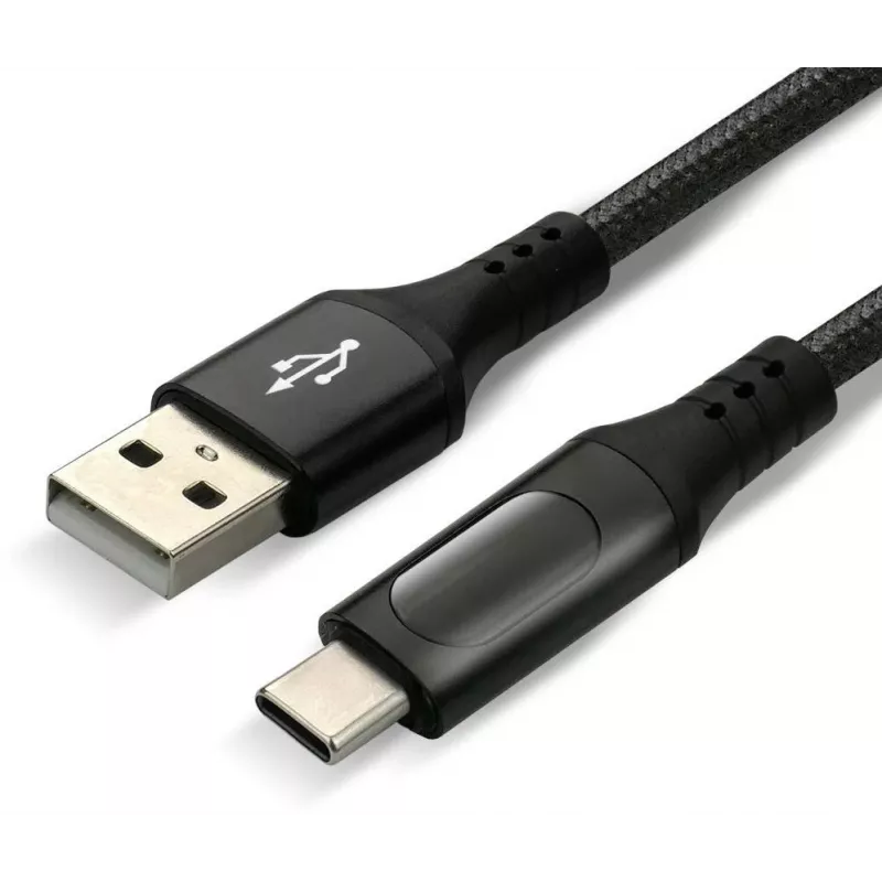 EVERACTIVE USB-A uz USB-C kabelis ar LCD displeju, 2m, 3A, 60W PD, neilona pīts, melns