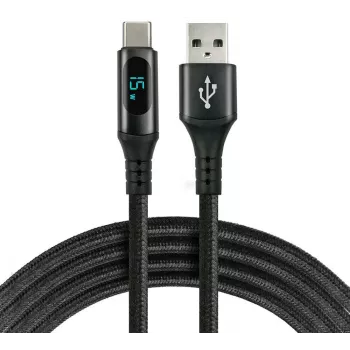 EVERACTIVE USB-A uz USB-C kabelis ar LCD displeju, 2m, 3A, 60W PD, neilona pīts, melns