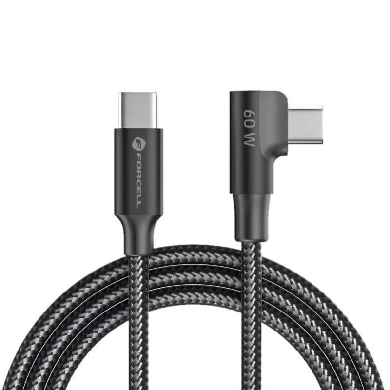 Forcell F-Energy CC-1Deg USB-C to USB-C kabelis 100W PD QC4.0 5A 2m Melns 90° Leņķveida