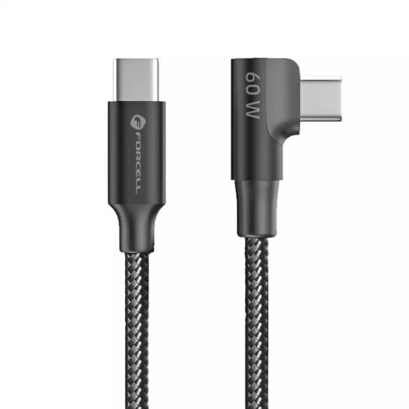 Forcell F-Energy CC-1Deg USB-C to USB-C kabelis 100W PD QC4.0 5A 2m Melns 90° Leņķveida