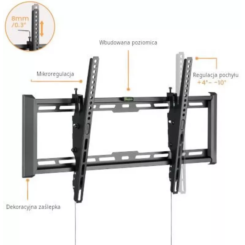 GETFORT GF-T3780-75 Slīpošais TV sienas stiprinājums LED/LCD 37-80 collas, 75kg, VESA 650x405mm, Melns
