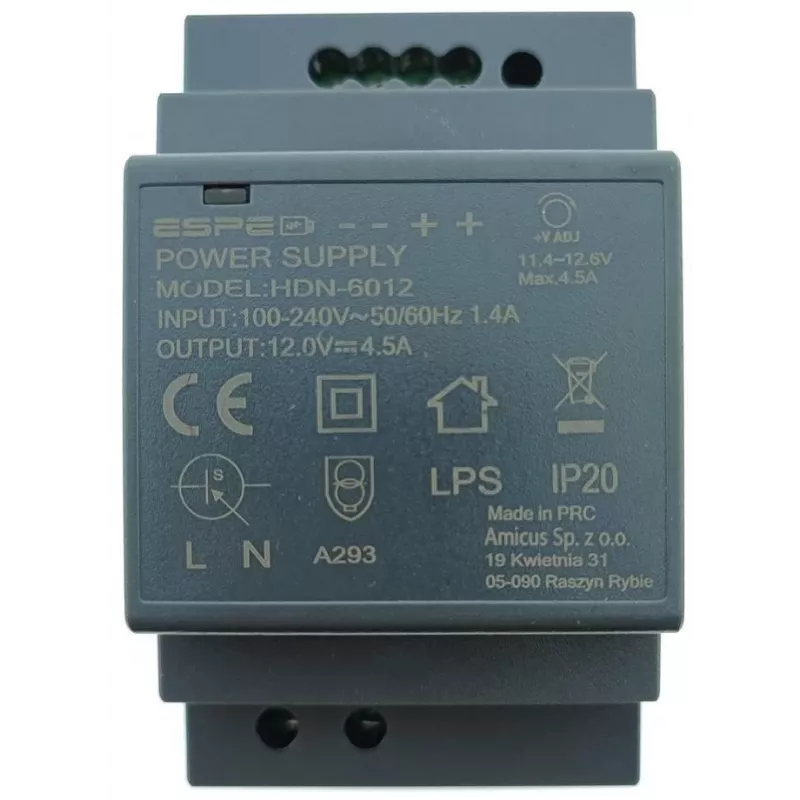 ESPE HDN-6012 DIN sliežu barošanas bloks 12V 54W 4.5A
