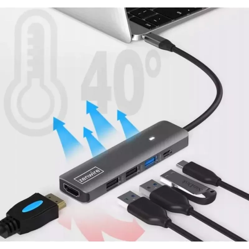 ZENWIRE BS-HC703 USB-C 7-in-1 Hub Adapter ar HDMI 4K, USB 3.0, SD karšu lasītāju, Power Delivery 100W, Space Gray