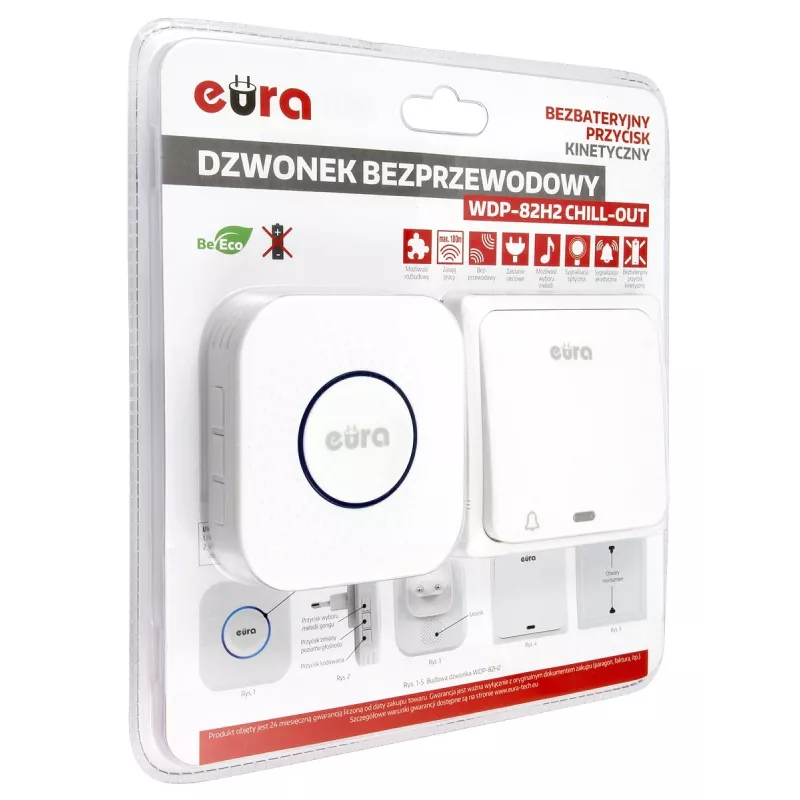 EURA WDP-82H2 bezvadu durvju zvana komplekts, bezakumulatora kinētiskais raidītājs, 36 melodijas, 100 m darbības rādiuss, balts