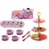 LEAN TOYS Tējas komplekts čemodānā - 15 daļu skārda trauku komplekts ar krūzītēm, šķīvjiem, kūku statīvu un paplāti - Rozā, zilā, baltā ziedu dizainā - Pārnēsājama lomu rotaļlieta bērniem no 3 gadiem