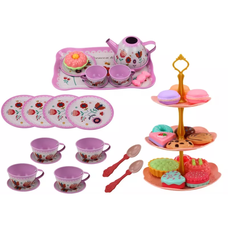 LEAN TOYS Tējas komplekts čemodānā - 15 daļu skārda trauku komplekts ar krūzītēm, šķīvjiem, kūku statīvu un paplāti - Rozā, zilā, baltā ziedu dizainā - Pārnēsājama lomu rotaļlieta bērniem no 3 gadiem