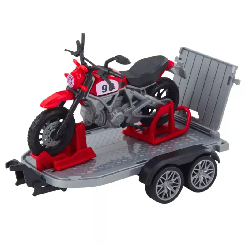 LEAN TOYS Bezceļu transportlīdzekļu komplekts ar evakuatoru un motociklu, gaismas un skaņas, zaļš