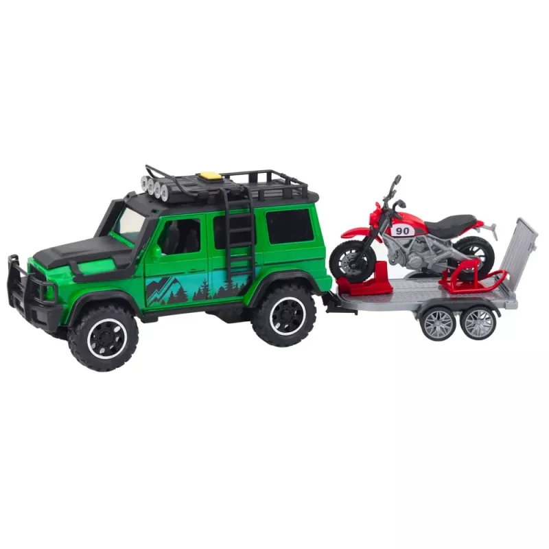 LEAN TOYS Bezceļu transportlīdzekļu komplekts ar evakuatoru un motociklu, gaismas un skaņas, zaļš