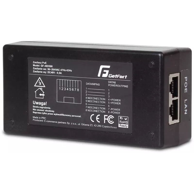 GETFORT GF-48D500 PoE adapteris 48V 0.5A 24W pasīvais PoE injektors