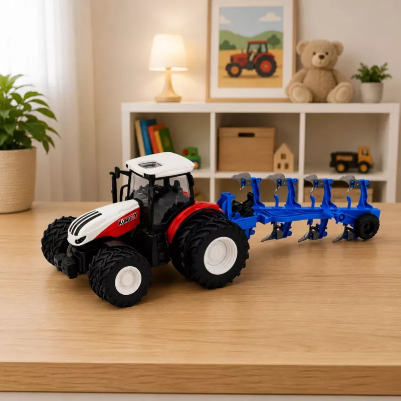 LEAN TOYS RC Remote Controlled Agricultural Tractor with Double Furrow Plow Red 1:24
