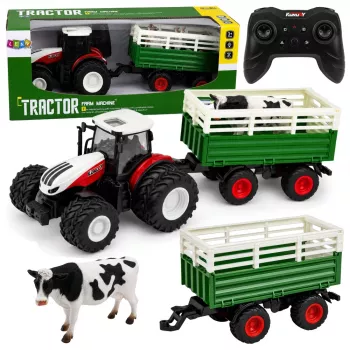 LEAN TOYS Attālināti vadāms RC lauksaimniecības traktors ar piekabi un govs figūru 1:24