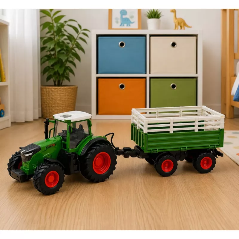 LEAN TOYS Ar tālvadību vadāms lauksaimniecības traktors ar pašizgāzēju piekabi un gaismām 1:24