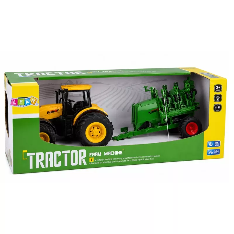 LEAN TOYS Lauksaimniecības traktors ar sējēju un kultivatoru Gaismas Skaņas Dzeltens 1:24