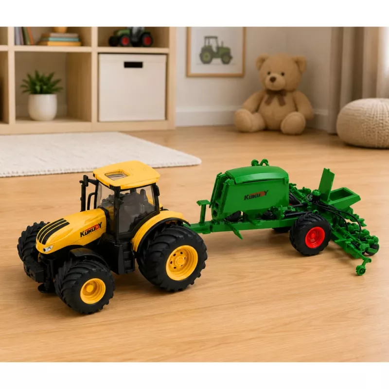 LEAN TOYS Lauksaimniecības traktors ar sējēju un kultivatoru Gaismas Skaņas Dzeltens 1:24
