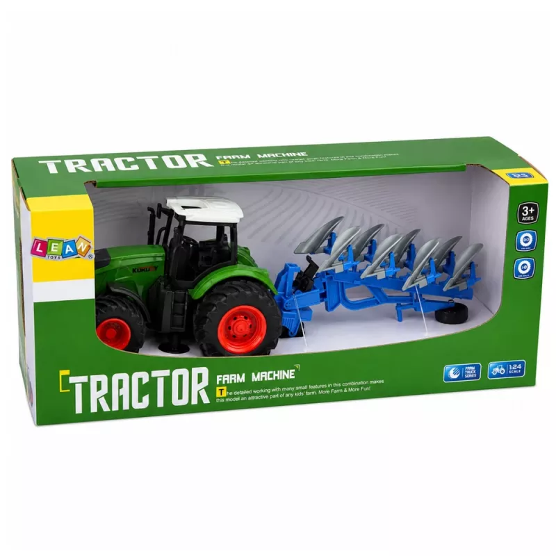 LEAN TOYS Lauksaimniecības traktors ar divvārpstu arklu, gumijas riteņiem, zaļš, 1:24
