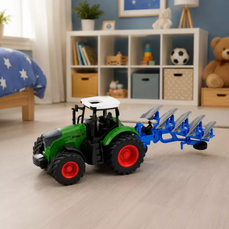 LEAN TOYS Lauksaimniecības traktors ar divvārpstu arklu, gumijas riteņiem, zaļš, 1:24