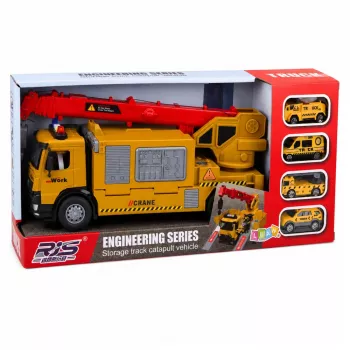 LEAN TOYS Kravas automašīna ar celtni un transportieri, gaismas, skaņas, dzeltena