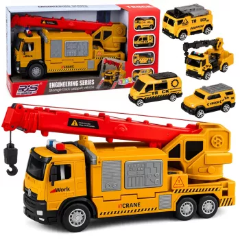 LEAN TOYS Kravas automašīna ar celtni un transportieri, gaismas, skaņas, dzeltena