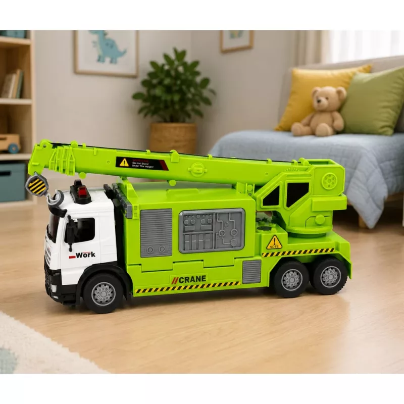 LEAN TOYS Kravas auto ar celtni un transportieri, gaismas, skaņas, zaļš
