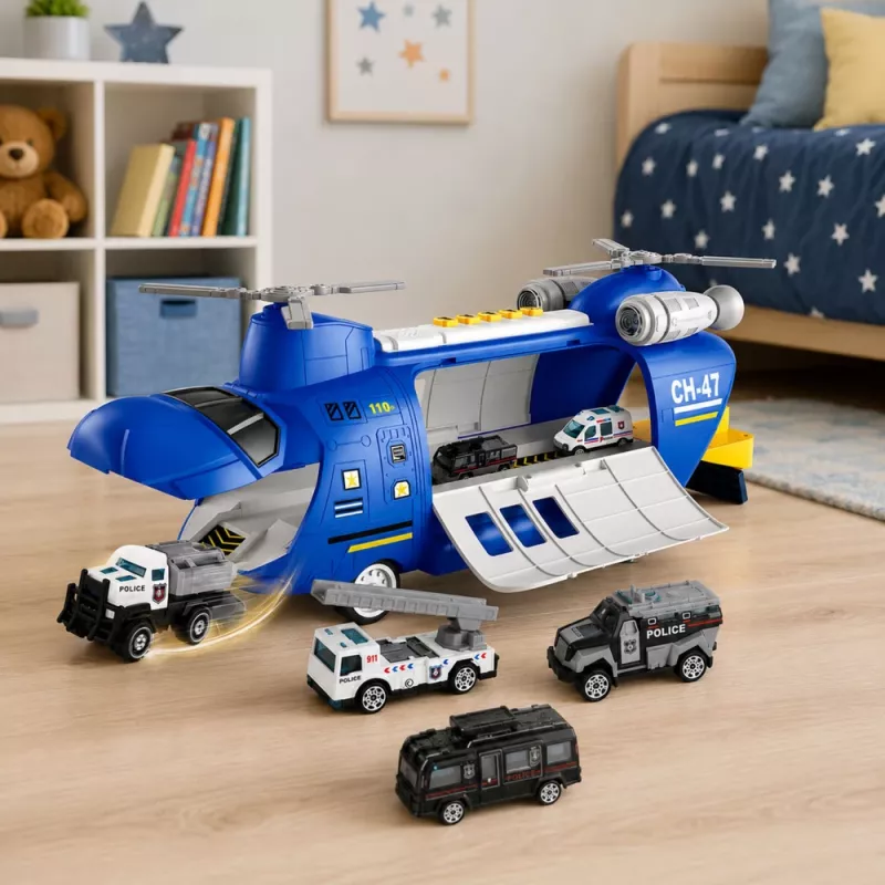 LEAN TOYS Salokāma policijas transporta lidmašīna ar transportlīdzekļiem, gaismām un skaņām