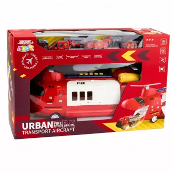 LEAN TOYS Lielā salokāmā ugunsdzēsēju transporta lidmašīna ar transportlīdzekļiem, gaismām un skaņām