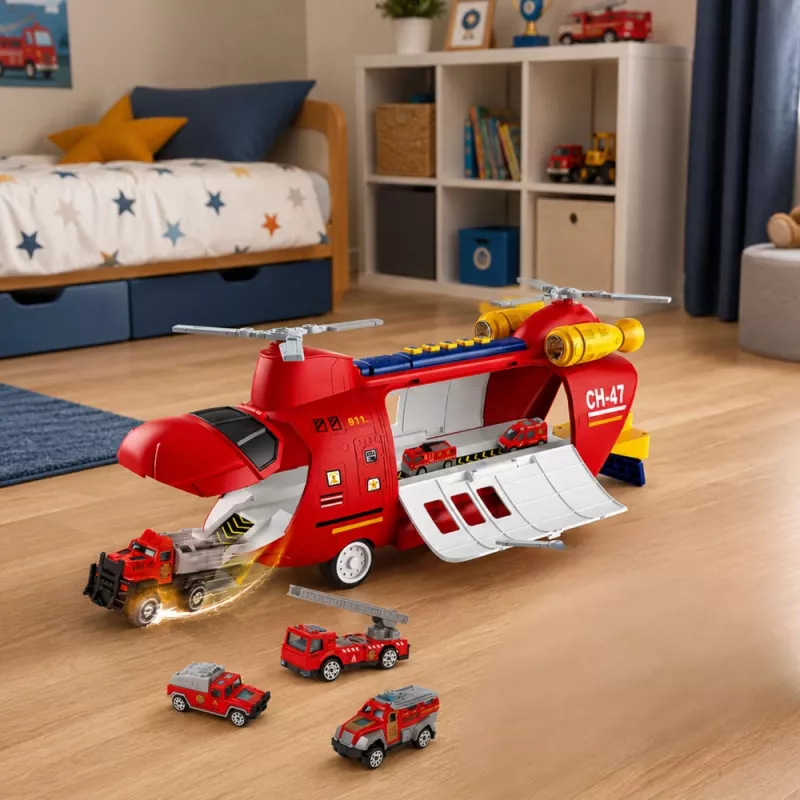 LEAN TOYS Lielā salokāmā ugunsdzēsēju transporta lidmašīna ar transportlīdzekļiem, gaismām un skaņām