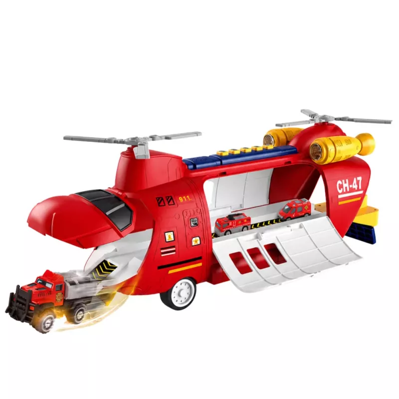 LEAN TOYS Lielā salokāmā ugunsdzēsēju transporta lidmašīna ar transportlīdzekļiem, gaismām un skaņām