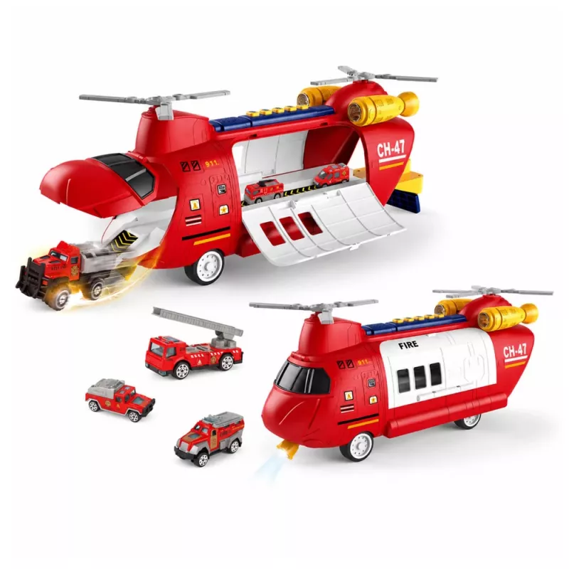 LEAN TOYS Lielā salokāmā ugunsdzēsēju transporta lidmašīna ar transportlīdzekļiem, gaismām un skaņām