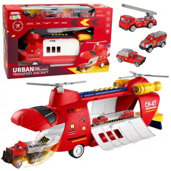 LEAN TOYS Lielā salokāmā ugunsdzēsēju transporta lidmašīna ar transportlīdzekļiem, gaismām un skaņām