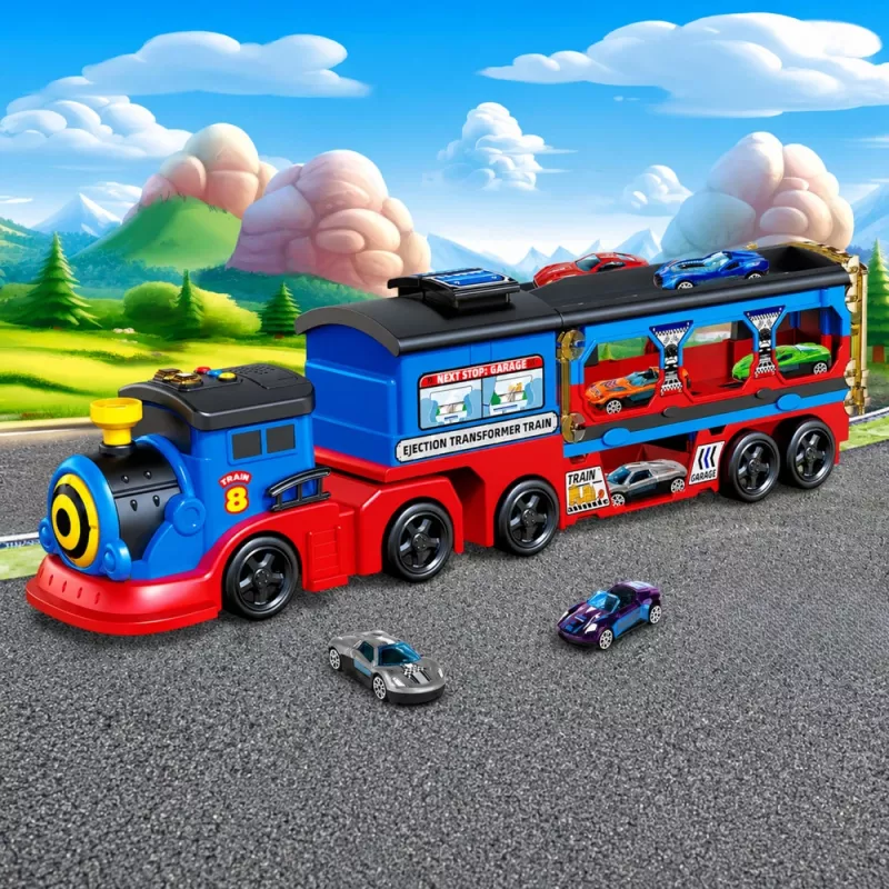 LEAN TOYS Locomotive Transporter with Cars Track Launcher Ramp Lights Sounds