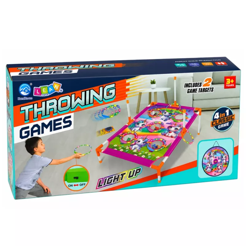 LEAN TOYS 4-in-1 Unicorn Target Toss Game ar riņķiem un diskiem