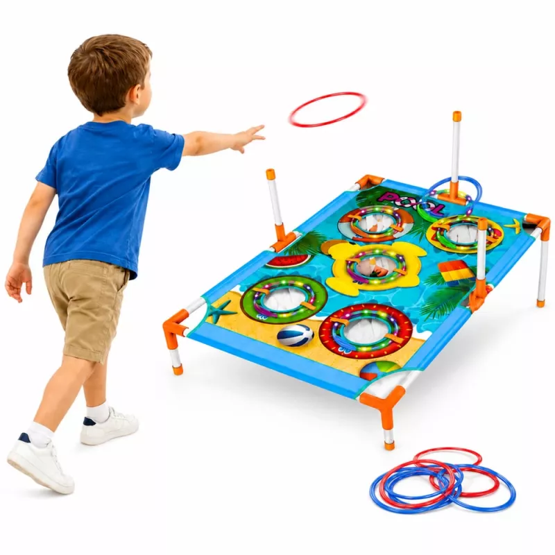 LEAN TOYS 4-in-1 Target Throwing Skill Game ar dēli, maisiņiem, stīpām un frisbiju