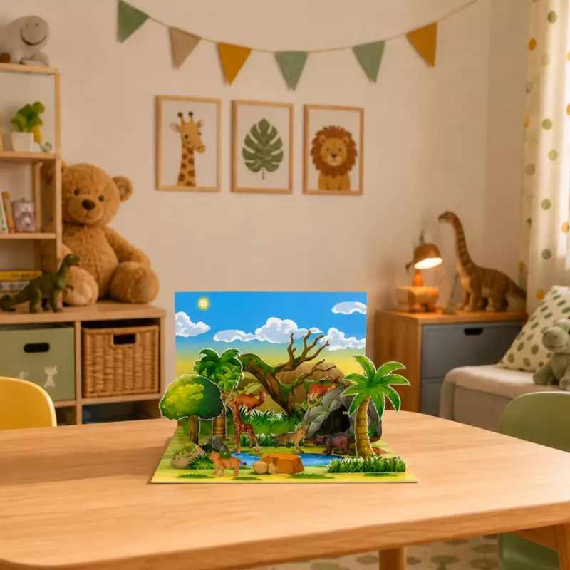 LEAN TOYS Savvaļas dzīvnieku figūriņu komplekts Lapsa Žirafe Nīlzirgs Briedis Parks 3D dēlis