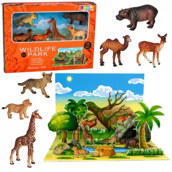 LEAN TOYS Savvaļas dzīvnieku figūriņu komplekts Lapsa Žirafe Nīlzirgs Briedis Parks 3D dēlis