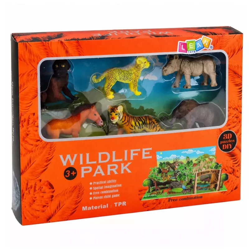 LEAN TOYS Savvaļas dzīvnieku figūriņu komplekts Leopards Tīģeris Zilonis Zirgs Parks 3D dēlis