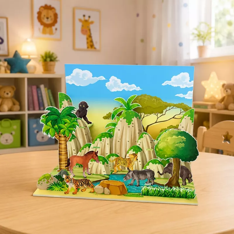 LEAN TOYS Savvaļas dzīvnieku figūriņu komplekts Leopards Tīģeris Zilonis Zirgs Parks 3D dēlis