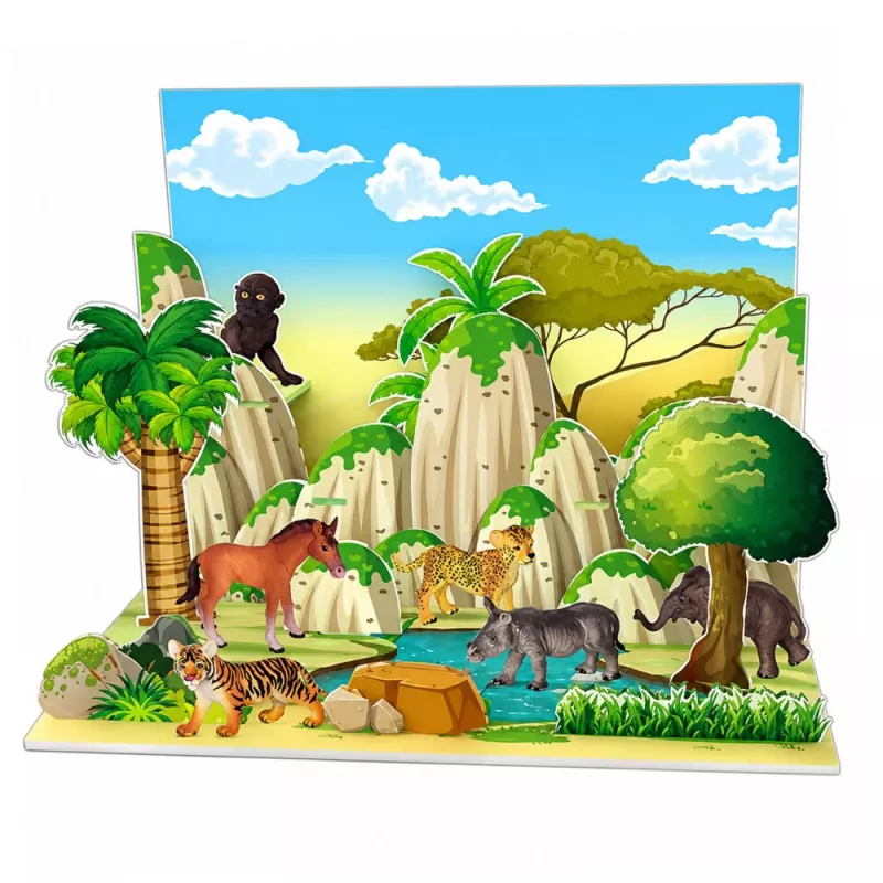LEAN TOYS Savvaļas dzīvnieku figūriņu komplekts Leopards Tīģeris Zilonis Zirgs Parks 3D dēlis