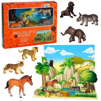 LEAN TOYS Savvaļas dzīvnieku figūriņu komplekts Leopards Tīģeris Zilonis Zirgs Parks 3D dēlis