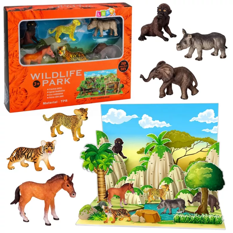 LEAN TOYS Savvaļas dzīvnieku figūriņu komplekts Leopards Tīģeris Zilonis Zirgs Parks 3D dēlis