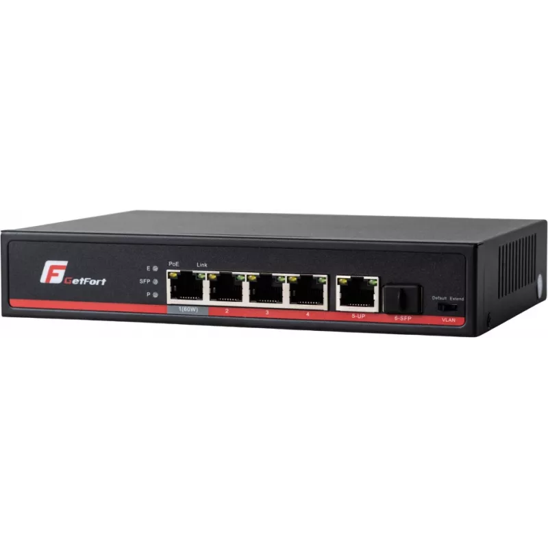 GETFORT GF-106-4PG-S-65 5-Portu Gigabit PoE+ Slēdzis (4 PoE+ Porti, 65W, 1 SFP) Darbvirsmas/Sienas montāžai
