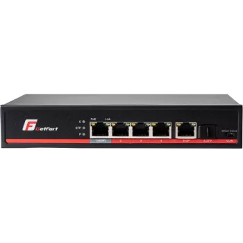 GETFORT GF-106-4PG-S-65 5-Portu Gigabit PoE+ Slēdzis (4 PoE+ Porti, 65W, 1 SFP) Darbvirsmas/Sienas montāžai
