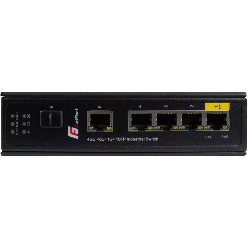 GETFORT GF-110-4PG-1G-1S Industrialais PoE+ slēdzis, 4x PoE+ 10/100/1000Base-T + 1x 10/100/1000Base-T + 1x 1000Base-X SFP, -40°C līdz 80°C, DIN sliede, 65W PoE budžets