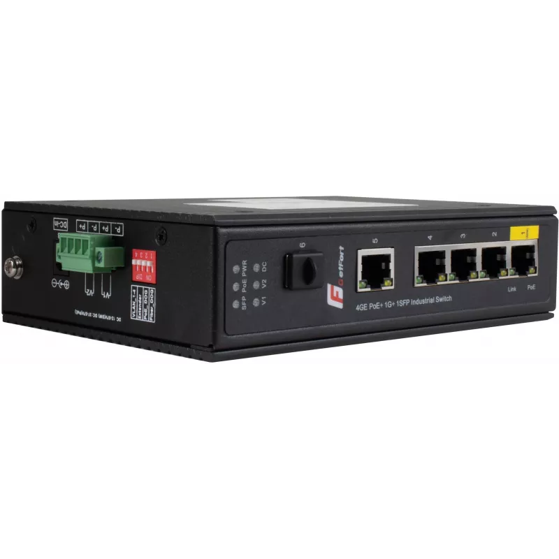 GETFORT GF-110-4PG-1G-1S Industrialais PoE+ slēdzis, 4x PoE+ 10/100/1000Base-T + 1x 10/100/1000Base-T + 1x 1000Base-X SFP, -40°C līdz 80°C, DIN sliede, 65W PoE budžets