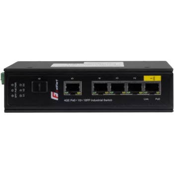 GETFORT GF-110-4PG-1G-1S Industrialais PoE+ slēdzis, 4x PoE+ 10/100/1000Base-T + 1x 10/100/1000Base-T + 1x 1000Base-X SFP, -40°C līdz 80°C, DIN sliede, 65W PoE budžets